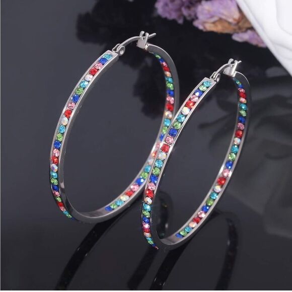 14K White Gold with Multi Colored Cubic Zirconia Big Hoop Latch Back Earrings - Picture 2 of 6